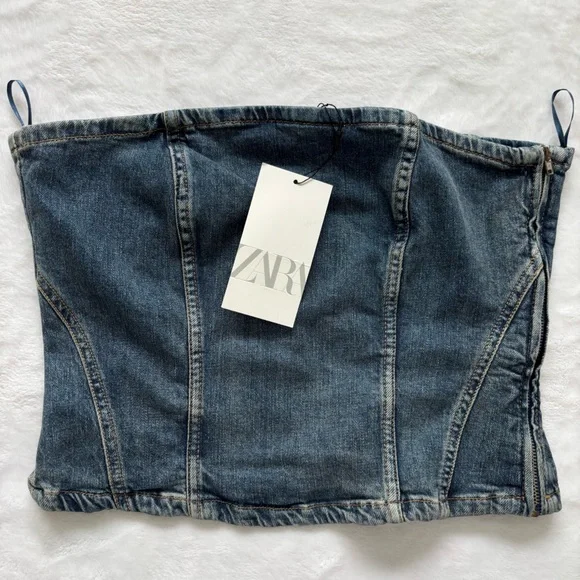 ZARA Strapless Cropped Corset-Style Blue Denim Tube Top—NWT—L - Picture 4 of 9